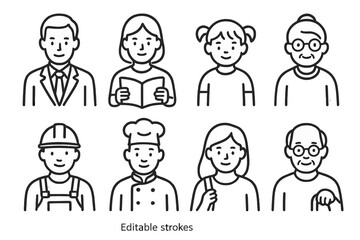 Diverse group of people representing various professions and ages in a simple illustration style
