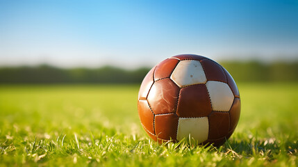 Fototapeta premium A classic leather soccer ball is placed on a green grass field