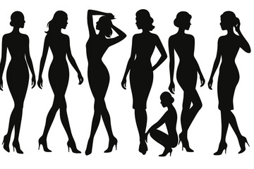 Silhouettes of female figures in various poses showcasing elegance and confidence during a fashion event
