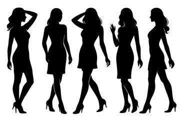 Silhouettes of women posing in elegant dresses at an evening event in a stylish setting showcasing different stances and expressions