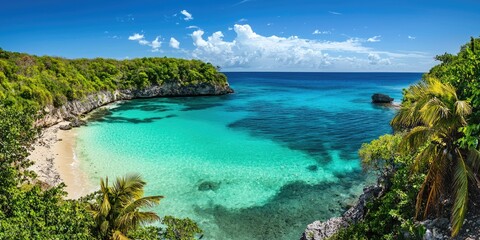 Fototapeta premium A tropical paradise with crystal-clear turquoise waters and palm trees.