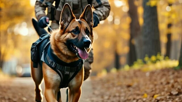 Military dog and handler training in forest during autumn