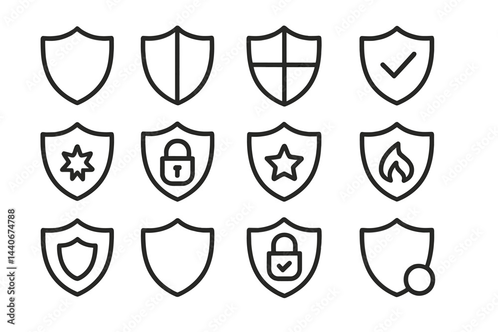 Poster collection of outline shield icons representing various security features and functions in digital d