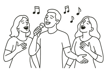 Group of friends singing together joyfully in a casual setting during an evening gathering