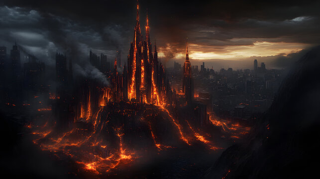 The city is slowly consumed by the unstoppable lava, as buildings collapse under the intense heat and lava rises higher.