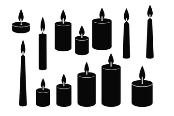 Candles of various sizes and shapes arranged artistically in black silhouette style on a white background