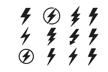 Multiple lightning bolt symbols arranged in various styles and orientations for design inspiration in art and branding