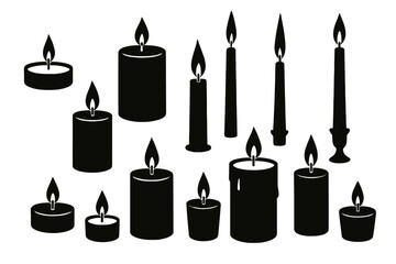 Different types of candles with flames arranged artistically on a white background in a minimalist style showcasing warmth and elegance
