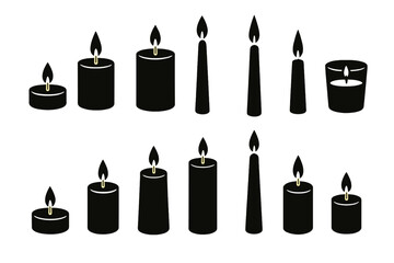 Candles of various shapes and sizes arranged in two rows illuminating a dark space during a calm evening