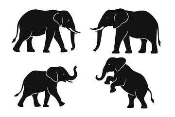 Black silhouettes of elephants in various poses on a white background