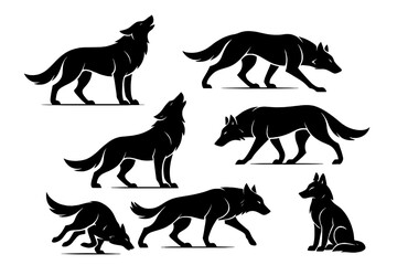 Various poses of wolves showcasing their movements in a stylized black silhouette representation