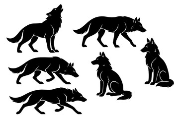 Stylized black wolf silhouettes in various poses showcasing their natural behavior and grace