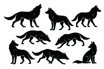 Different poses of wolves depicted in a silhouette style on a plain background