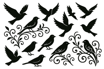 Black silhouettes of birds among decorative vines in a whimsical design created for artistic purposes