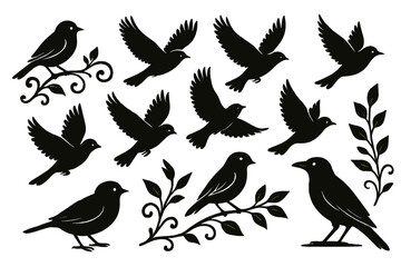 Black silhouettes of birds in various poses and arrangements on branches and leaves