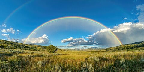 Naklejka premium A twin rainbow arcing through a bright blue sky after the rain