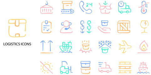 Logistic concept 24 color icons set. Contain such  chain, value chain, logistic, delivery, manufacturing, commerce etc. Vector illustration.