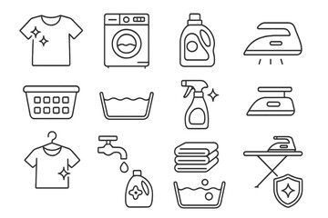 Household laundry equipment and cleaning supplies illustrated in a minimalistic style for home care and maintenance