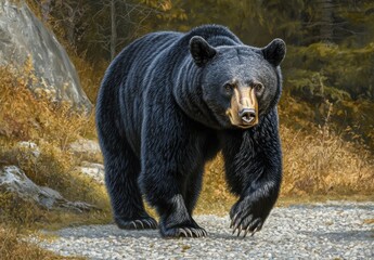 Fototapeta premium Majestic Black Bear Walking Through Forest Trail, Capturing the Essence of Wilderness and Natural Beauty in Vibrant Colors and Lifelike Details
