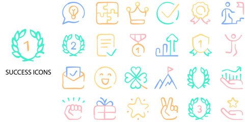 Success simple concept 24 hand drawn color icons set. Contains such success, award, winning, achievement .Vector illustration.