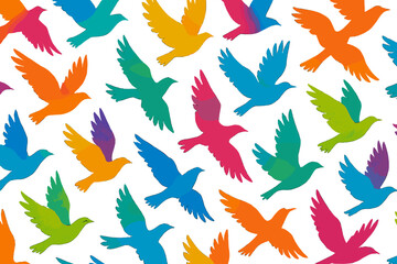 Colorful birds flying in various directions on a white background during a bright day in a creative design setting