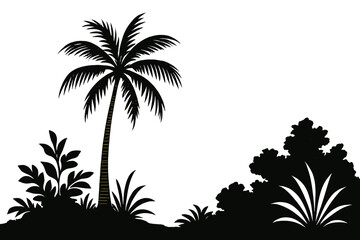 Obraz premium Silhouette of a palm tree with tropical foliage against a white background at sunset