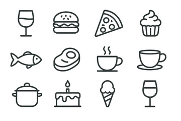 Exploring various food and drink icons that represent diverse culinary delights and dining experiences in a simple graphic style