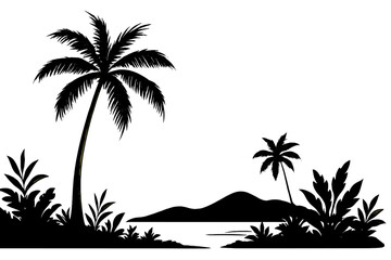 Silhouette of tropical landscape at sunset with palm trees and distant mountains along the coastline