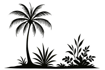 Silhouette of a palm tree with tropical plants against a white background depicting a serene natural scene