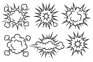 Stylized explosion and comic sound effect illustrations in black and white on a plain background