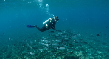 Diver Swims with Fish in Clear Ocean Water