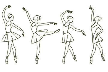 Elegant ballet dancers showcasing various poses in a minimalist line art style