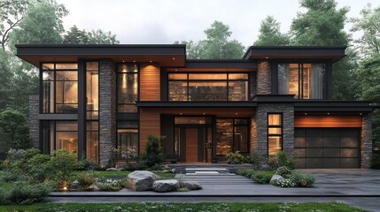 Fototapeta premium Modern Luxury Home Design: Architectural Masterpiece in Serene Forest Setting