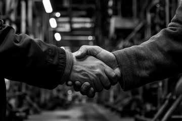 men in a warehouse shaking hands.