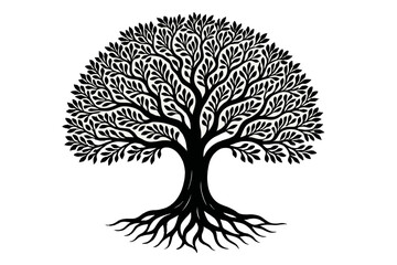Intricate black tree with detailed leaves and roots in a minimalistic style for artistic representation