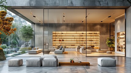 Modern boutique storefront featuring floor-to-ceiling windows and a minimalist interior design, with open space and natural textures 
