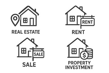 Fototapeta premium Infographic illustrating real estate concepts including sale, rent, and property investment symbols
