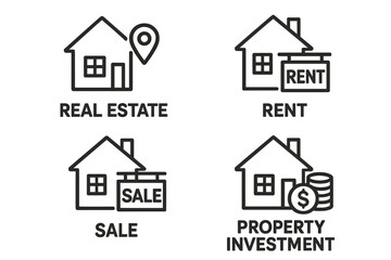 Symbols representing real estate concepts including rent, sale, and property investment in a minimalist style