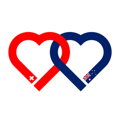 heart shaped ribbon of swiss and australian flags intertwined. vector illustration isolated on white background