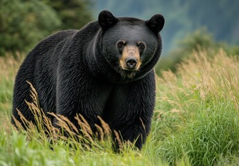 Fototapeta premium Majestic Black Bear Walking Through Lush Green Grass in a Serene Natural Habitat Surrounded by Vibrant Flora and Soft Light Under a Clear Sky