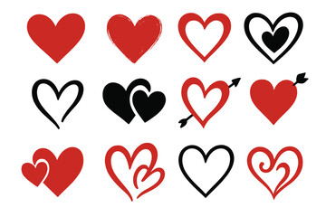 Variety of heart symbols in different styles and colors representing love and affection