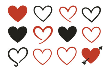 Collection of heart illustrations in various styles and colors showcasing love and emotions for creative projects