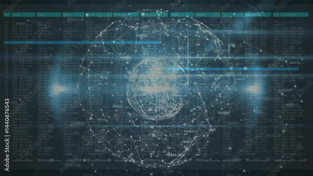 Poster Wireframe globe network showing data panels, animating connected nodes and code streams