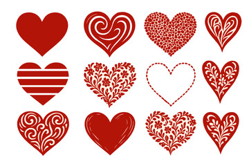 Collection of red heart designs showcasing various artistic styles and patterns for creative projects