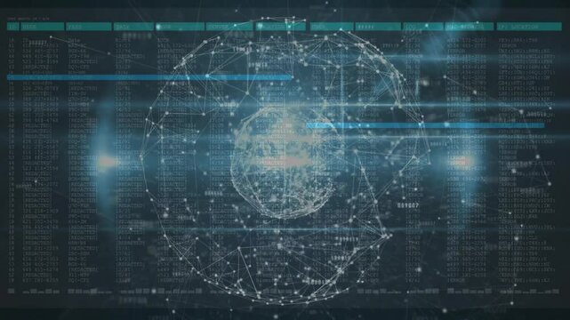 Wireframe globe network showing data panels, animating connected nodes and code streams