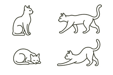 Cat outlines showing various poses in simple line art style create a minimalist yet expressive representation of feline movement and behavior