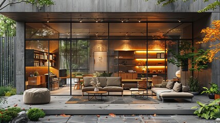Modern boutique storefront featuring floor-to-ceiling windows and a minimalist interior design, framed by greenery and sleek signage 