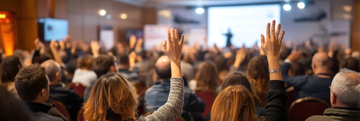Attendees raise hands in a conference hall