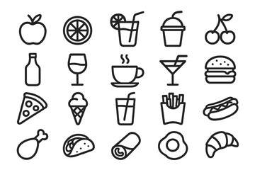 Variety of food and drink icons featuring fruits, beverages, and dishes in a minimalistic style