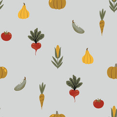 Seamless vector pattern in flat cartoon style. Pumpkins, zucchinis, tomatoes, and corn cobs on a gray background. Perfect for kids' designs, autumn themes, farming projects, textiles